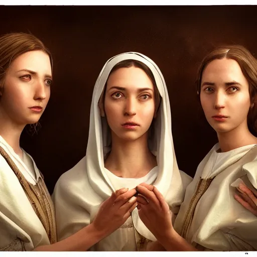 Image similar to 3 sisters of the congregation open the gift of god, highly detailed, CGSociety, postprocessing, photorealistic, matte painting, 8k