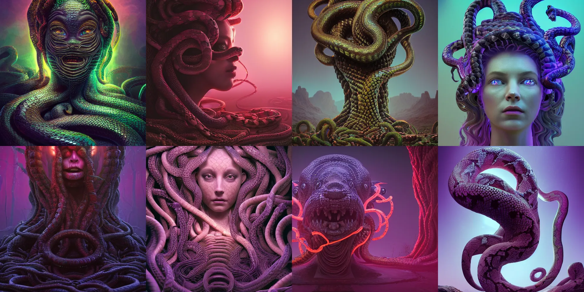 Prompt: beautiful dark medusa gorgon gaze head, highly detailed snakes, beautiful dark creepy landscape, in the style of beeple and mike winkelmann, intricate, epic lighting, cinematic composition, hyper realistic, 8 k resolution, unreal engine 5, raytracing, ultraviolet colors,
