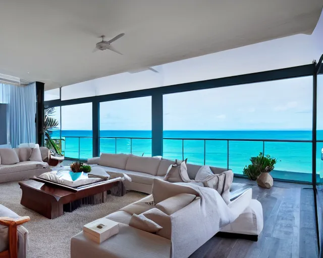 Image similar to A modern living room in a ocean hues style next to a big terrace overlooking the ocean, luxurious wooden coffee table in the center, inspired by the ocean, calm, relaxed style, harmony, wide angle shot, 8k resolution