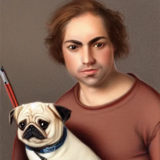 Image similar to self portrait, young white hispanic handsome man with short light brown hair and light skin and a 5 o clock shadow, holding a pug for a picture, fighting against 2 swordsmen pencil art, added detail, high definiton, colored, backfacing, illustrated by raphael