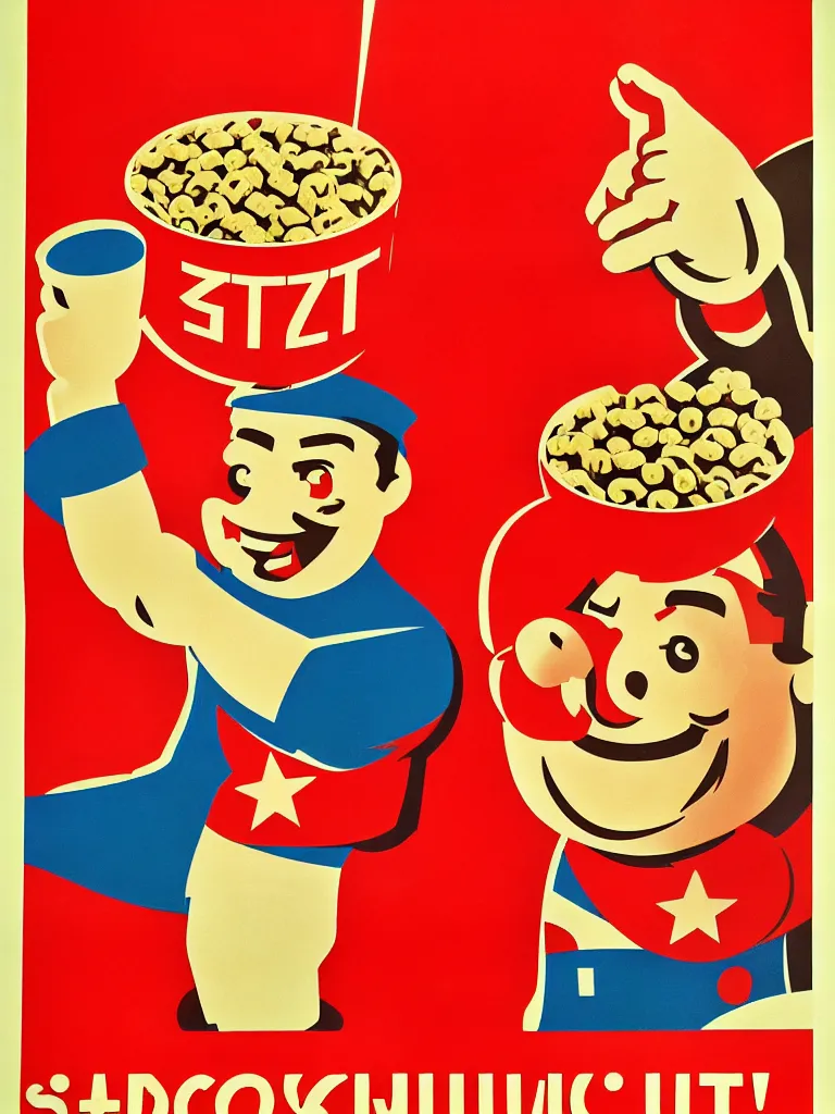 Prompt: Soviet Propaganda poster cereal box mascot colorful red socialist realism