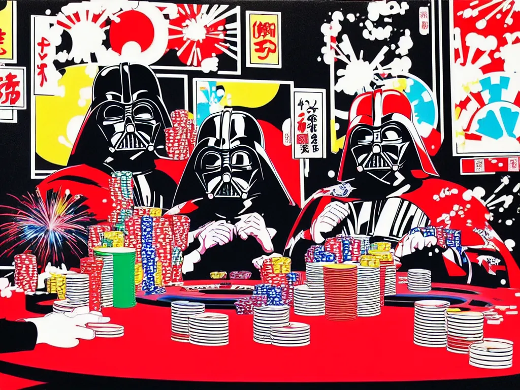 Prompt: hyper - realistic composition of a room with an extremely detailed poker table, woman in traditional japanese kimono standing nearby, darth vader sitting at the table, fireworks in the background, pop art style, jackie tsai style, andy warhol style, acrylic on canvas, dull palette