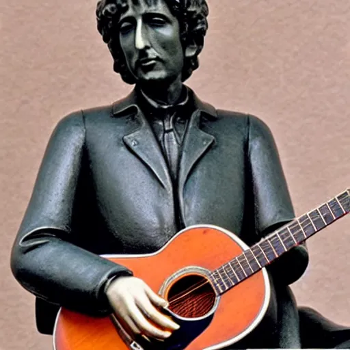 Image similar to bob dylan playing his guitar whilst sitting next to a statue of king alfred the great, photograph