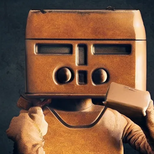 Image similar to a rusting female android holds a broken toaster in her arms