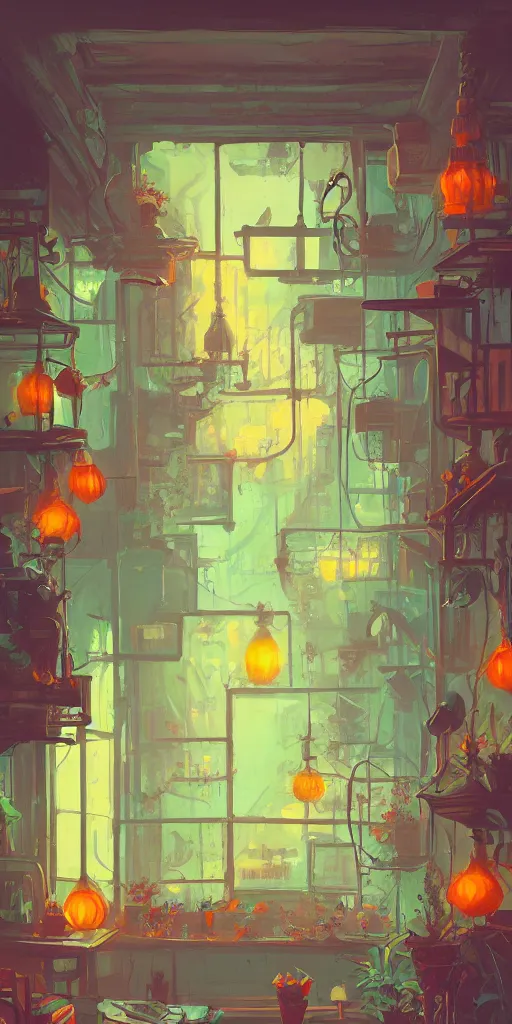 Image similar to a lush wooden, old Victorian windowsill with plants on it, looking out to a cityscape with neon signs, interior of room, detailed digital concept art by anton fadeev, John Howe, and marc simonetti, trending on artstation