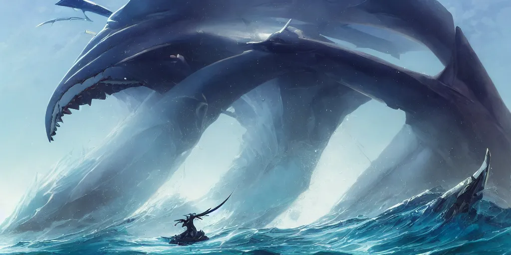 Image similar to close up of a extremely beautiful and aesthetic mech armor witch holding a symmetrical trident, perfect face, symmetrical eyes, back shark fin, horizon, model pose, slightly smiling, blue sky, big wave, big blade whale fighting against big giants minotaurus, epic scene, fantasy illustrations, by peter mohrbacher and makoto shinkai and ferdinand knab