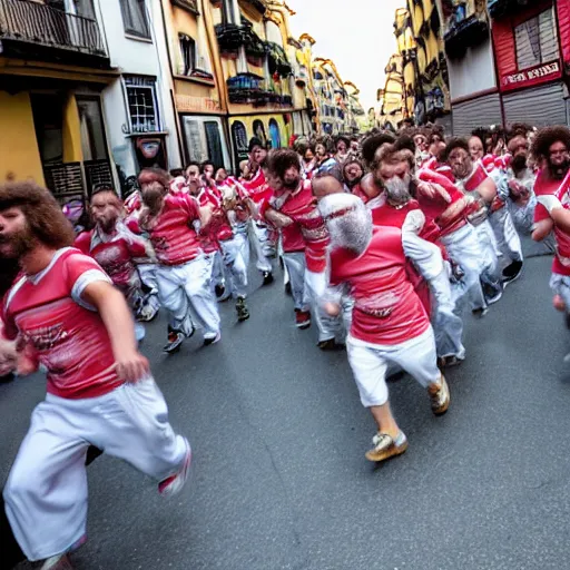 Image similar to the running of the screaming bob ross in pamplona spain