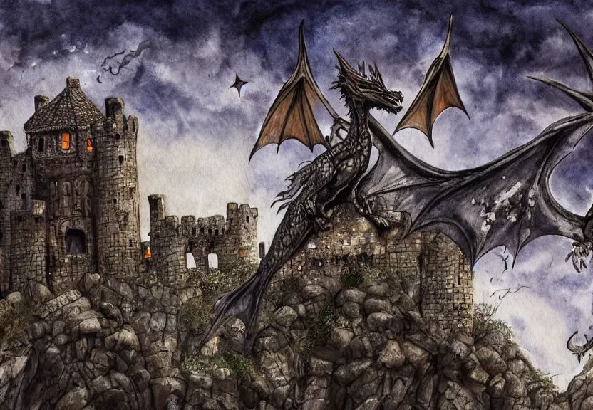 Prompt: dragon with possum head flying over a medieval castle under a dark starred sky, dark fantasy, watercolor, dreaming illusion, highly detailed, 4k, trending on Artstation, award-winning