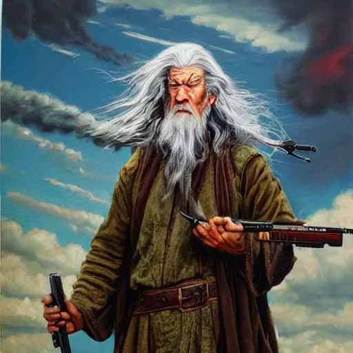 Prompt: gandalf with an ar-15, oil painting, war photo, anger, fire, dramatic, very detailed, 4k, by Jeffrey Smith and Erin Hanson and Chad Knight