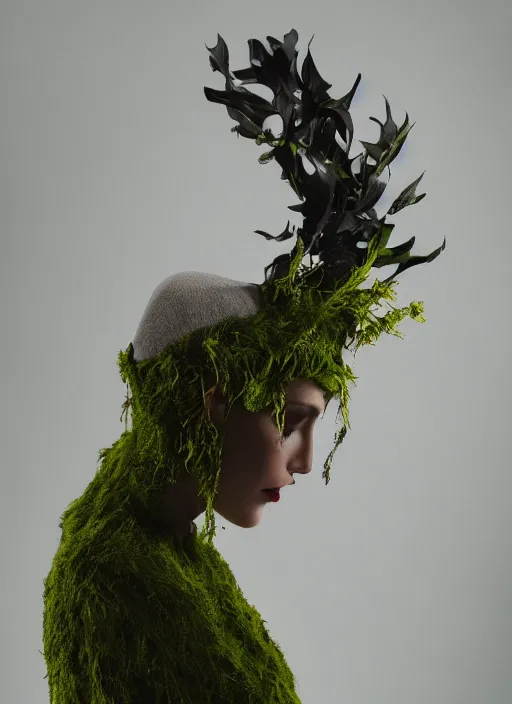 Image similar to a photo of a female model, orgnic headpiece, vines, horn, moss, fashion photography, realistic, hyperdetails, dark grey backdrop studio, moss and vine dress