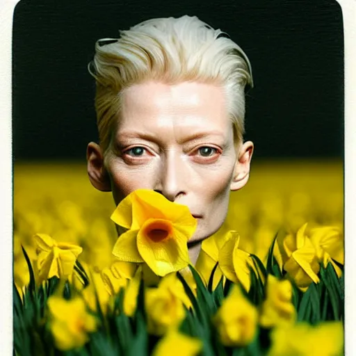 Prompt: medium shot, tilda swinton face fused with daffodil, eyes visible, head covered with leaves, inside the flower, daffodils field, highly detailed, shallow depth, bokeh, codachrome, polaroid, unreal engine, 3 d art, digital art, painting by greg rutkowski