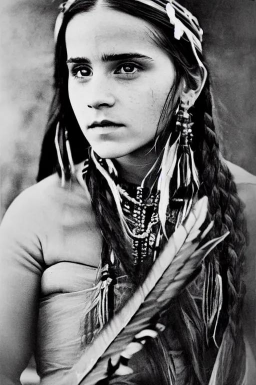 Image similar to Photo of Native American indian woman Emma Watson, portrait, skilled warrior of the Apache, ancient, realistic, detailed, Emma Watson