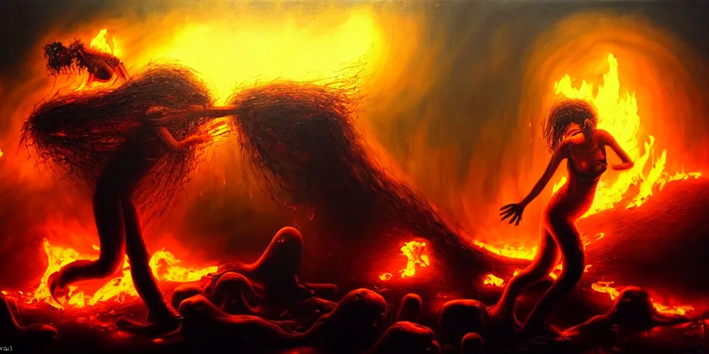 Image similar to personified emotion and thought creatures riot in a fiery wasteland, dramatic lighting glow from giant fire, attempting to escape to the surface and start a revolution, in a dark surreal painting by ronny khalil