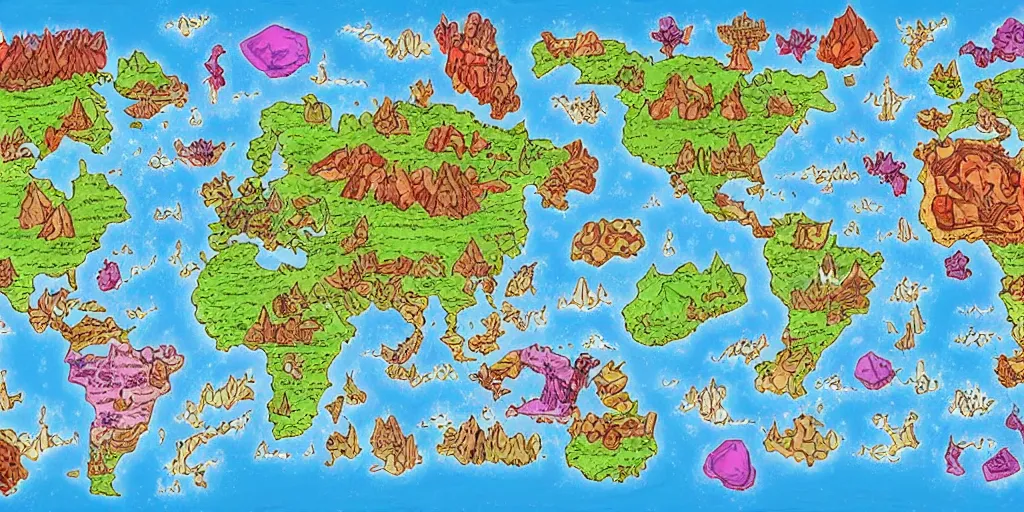 Prompt: a fantasy world map where an entire continent was formed by a giant candy cane once crashing into the earth creating the candy continent