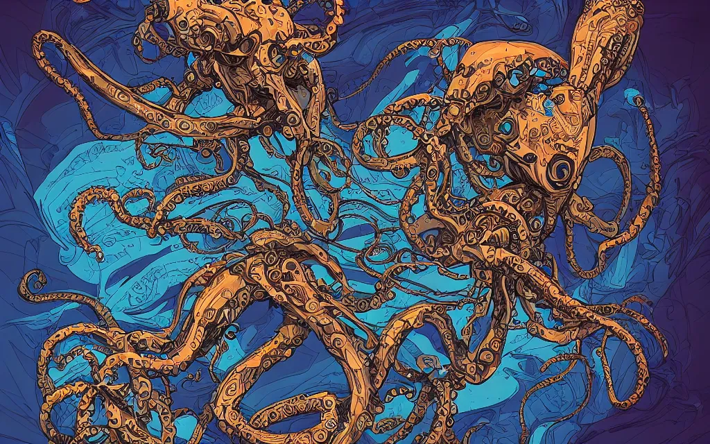 Image similar to biomechanical flying octopus, in the style of james jean and laurie greasley, dynamic composition, dramatic lighting, ultra detailed, nitro colors