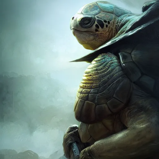 Image similar to turtle warrior, handsome, portrait, intricate, detailed, volumetric lighting, scenery, digital painting, highly detailed, artstation, sharp focus, illustration, concept art, ruan jia, steve mccurry