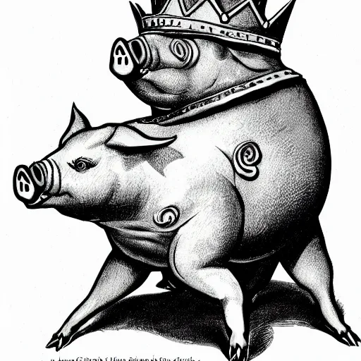 Image similar to pig posing with crown from the Dungeons and Dragons Monster Manual, line art illustration, 1981, high detail