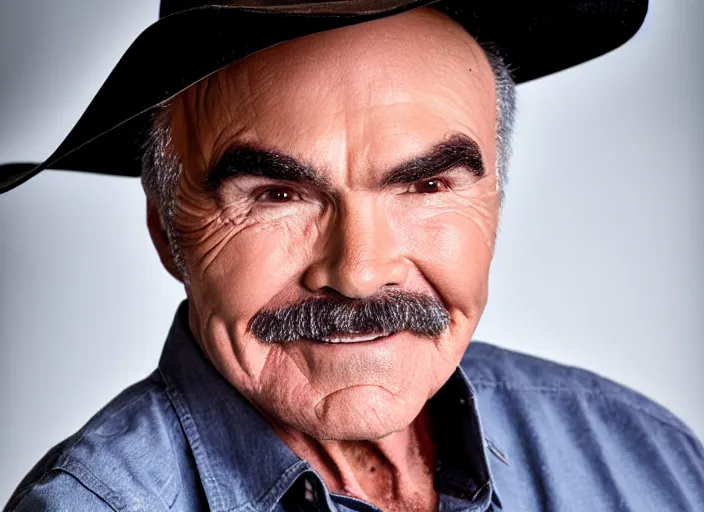 Image similar to studio portrait photo still of 3 0 year old burt reynolds!!!!!!!! at age 3 0 3 0 years old 3 0 years of age!!!!!!! wearing a cowboy hat holding a bucket of fried chicken, 8 k, 8 5 mm f 1. 8, studio lighting, rim light, right side key light