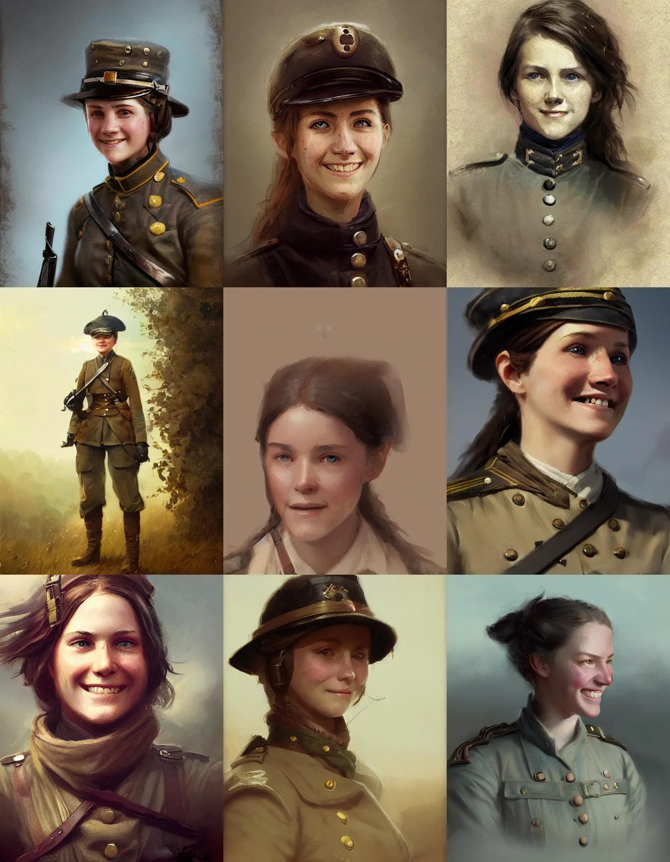 Prompt: young female american civil war soldier, smiling, digital portrait by greg rutkowski, intricate, soft focus, highly detailed, cinematic, epic, artstation