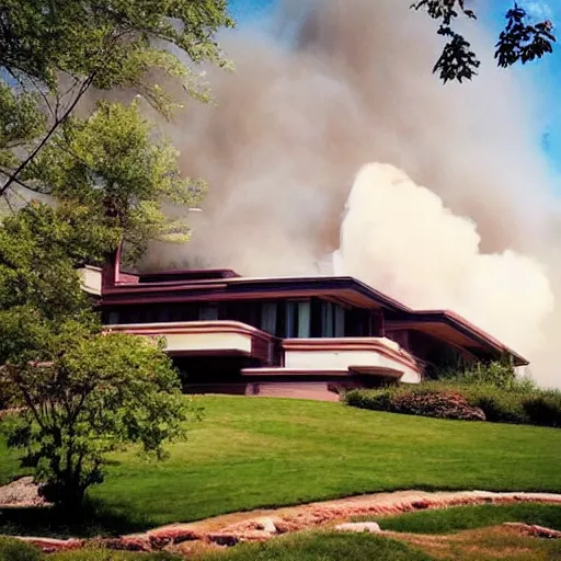 Image similar to “ an idyllic hill with many small frank lloyd wright houses with cute stylized smoke rising from their chimneys ”