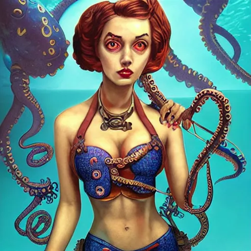 Prompt: lofi underwater steampunk bioshock bikini, octopus, Pixar style, by Tristan Eaton Stanley Artgerm and Tom Bagshaw.