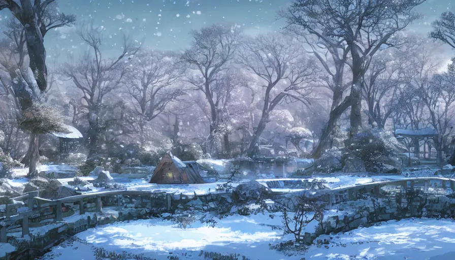 Image similar to a beautiful winter wonderland with a pond, beautiful ancient trees, hiding large treasure chest, serene evening atmosphere, soft lens, soft light, cel - shading, animation, in the style of cgsociety, deviantart, artstation, zbrush, cinema 4 d, studio ghibli, akihiko yoshida, atelier lulua, masamune shirow