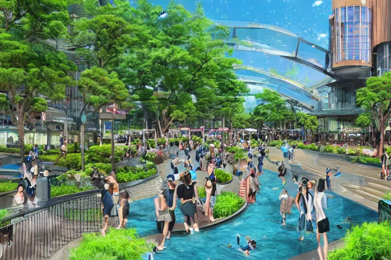 Image similar to an optimistic futuristic pedestrian mall with landscaped stream waterways - the main method of transportation which people swim in, pop motifs, by ghibli, cannabis leaf signs