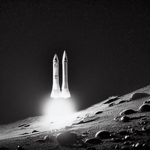 Image similar to black and white photo of a detailed rocket blasting off from mars, black background with glowing stars and satalites, cinematic film still, high contrast, astrophotography, polaroid,