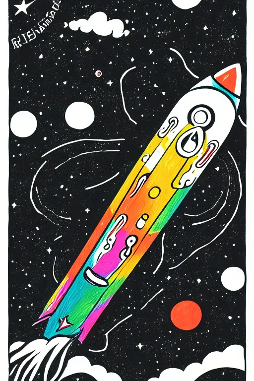 Image similar to mcbess illustration of a rocket ship , rainbow gouache