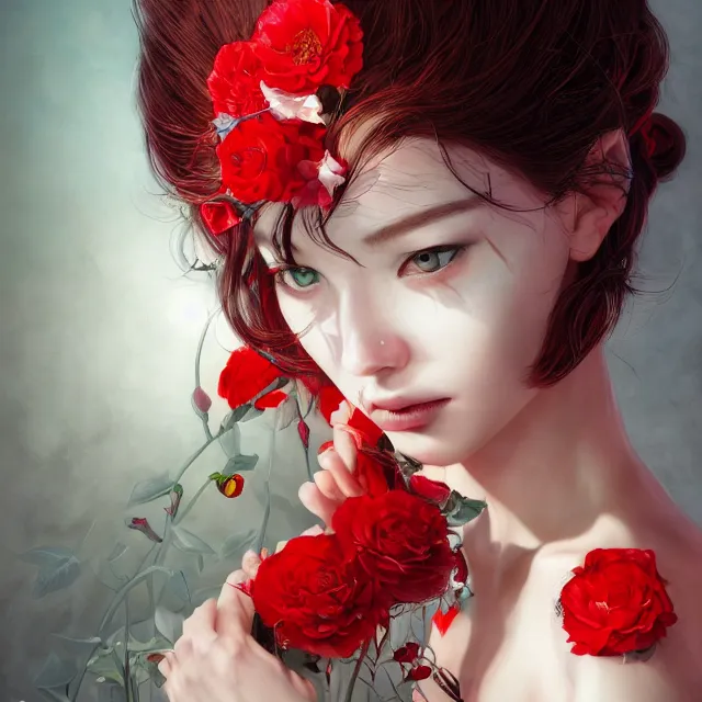 Image similar to studio portrait of an absurdly beautiful, elegant, young hypercolorful sensual gravure idol rubies and red petals, ultrafine hyperrealistic detailed face illustration by kim jung gi, irakli nadar, intricate linework, sharp focus, bright colors, matte, octopath traveler, final fantasy, unreal engine highly rendered, global illumination, radiant light, intricate environment