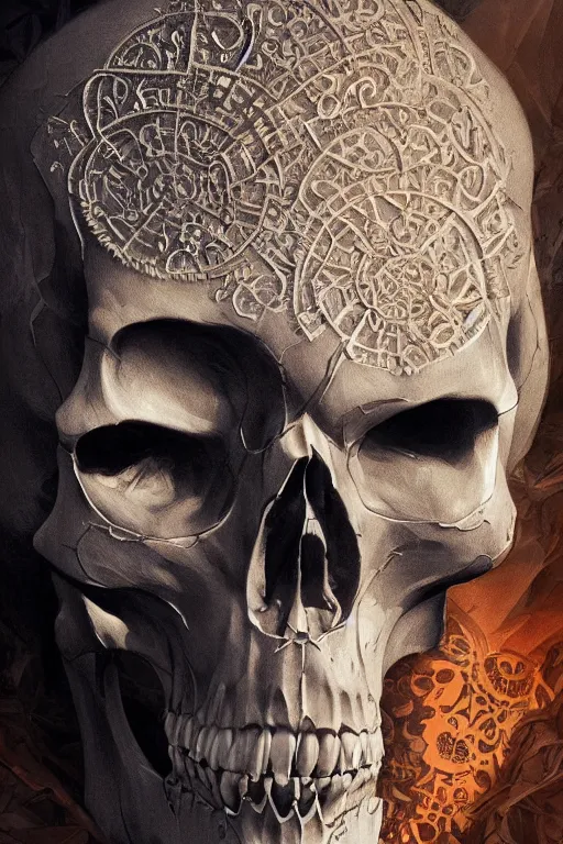 Image similar to concept art skull, the skull is decorated with art deco patterns, close - up portrait, powerfull, intricate, elegant, volumetric lighting, scenery, digital painting, highly detailed, artstation, sharp focus, illustration, concept art, ruan jia, steve mccurry