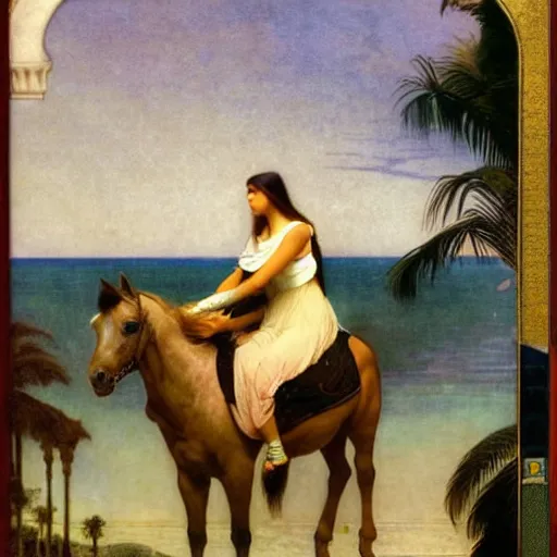 Prompt: Girl riding a horse leaving the palace through the bridge, thunderstorm, pool, beach and palm trees on the background major arcana sky, by paul delaroche, alphonse mucha and arnold böcklin arnold böcklin hyperrealistic 8k, very detailed