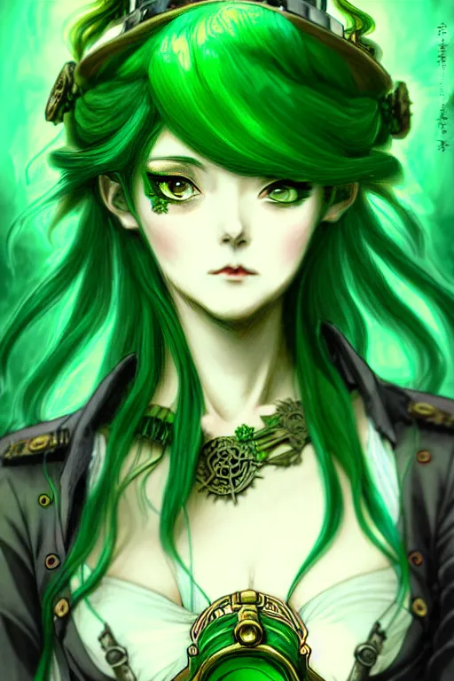 Image similar to beautiful green hair anime woman victorian dress, steampunk, fantasy, eerie, intricate details, pixiv, digital painting, artstation, concept art, 8 k, art by artgerm, loish and alohonse mucha and eiichiro oda