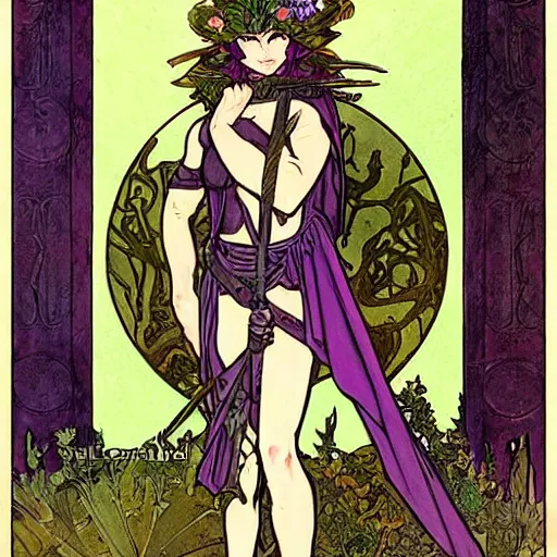 Image similar to short wood elf, purple hair, holding a long bow, green leaf cloak, leather armor, metal gauntlets, green eyes. in the style of alphonse mucha and john howe. fantasy. detailed.