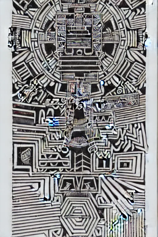 Image similar to a black and white drawing of an ancient future mayan temple mandala cityscape, a detailed mixed media collage by hiroki tsukuda and eduardo paolozzi and moebius, intricate linework, sketchbook psychedelic doodle comic drawing, geometric, street art, polycount, deconstructivism, matte drawing, academic art, constructivism