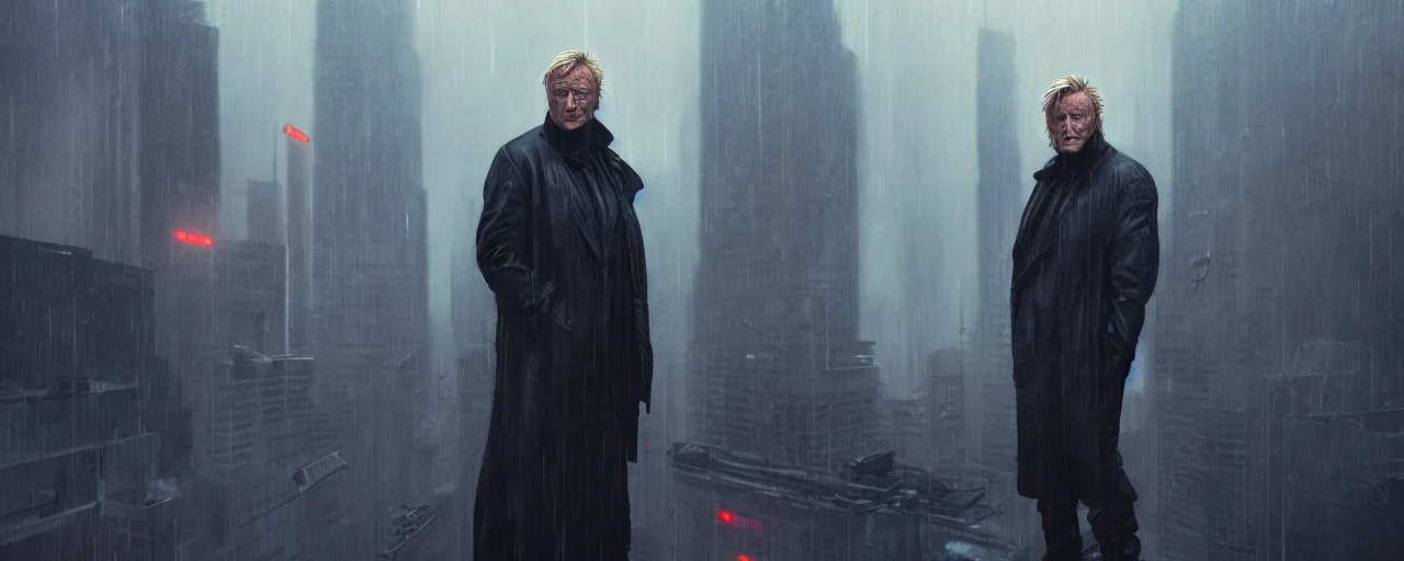 Image similar to duotone tech noir concept illustration 3 / 4 portrait of rutger hauer as roy baty in blade runner on rooftop in rain. cinematic volumentric lighting. accidental renaissance. by sachin teng and sergey kolesov and ruan jia and heng z. graffiti art, scifi, fantasy, hyper detailed. octane render. concept art. trending on artstation