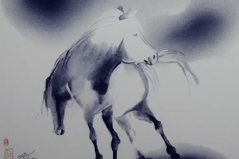 Image similar to bautiful serene horse, healing through motion, minimalistic ink aribrush painting on white background