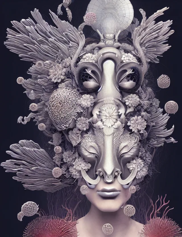 Image similar to simple coherent artwork. 3 d goddess close - up 3 / 4 portrait with ram skull. beautiful intricately detailed japanese crow kitsune mask and clasical japanese kimono. betta fish, jellyfish phoenix, bio luminescent, plasma, ice, water, wind, creature, artwork by tooth wu and wlop and beeple and greg rutkowski