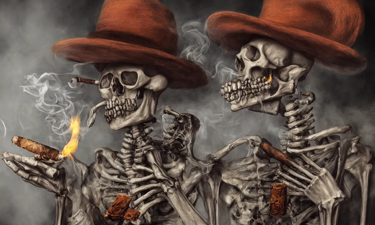 Prompt: skeleton painter wearing a hat and smoking a cigar, hyperrealism, photorealistic art, digital arts, intricate details and composition, surreal colors, 4 k, 8 k, artstation