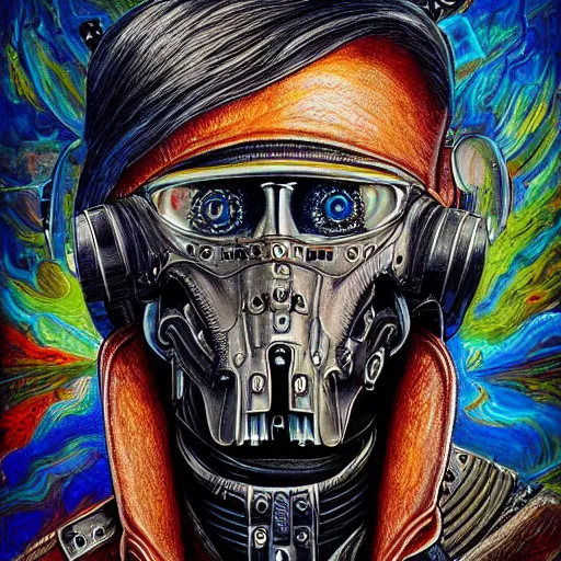 Prompt: a high detailed hyper - detailed painting of a rebel cyborg humanoid with a leather jacket, he wants to help free humans and eliminate the governments of the earth so that people can live in freedom and self - government but for that he needs to help raise human and robotic knowledge, psychedelic surreal magical dystopian technological utopian psycho spiritual art, chaotic anarchist art fulcolor