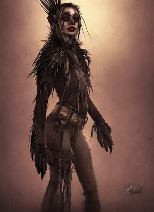 Prompt: digital art of a young woman in dark shamanistic ritual clothing accented by raven feathers, dark makeup, realistic, post apocalyptic, dystopian, high resolution, highly detailed, fallout, raider, 4 k, artstation, dark lighting