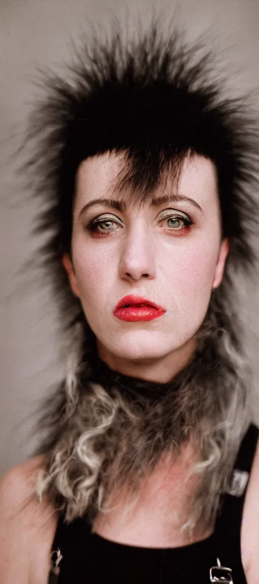Prompt: close up professional portrait photograph of a 80s punk woman, kodak portra 400 film, 2 point studio lighting