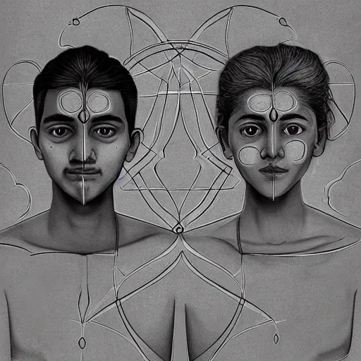 Image similar to perfectly centered symmetrical split male and female portrait of young indian man and woman in love sharing one heart. illustration, highly detailed, simple, no jagged lines, smooth, artstation, artwork by frank lloyd wright