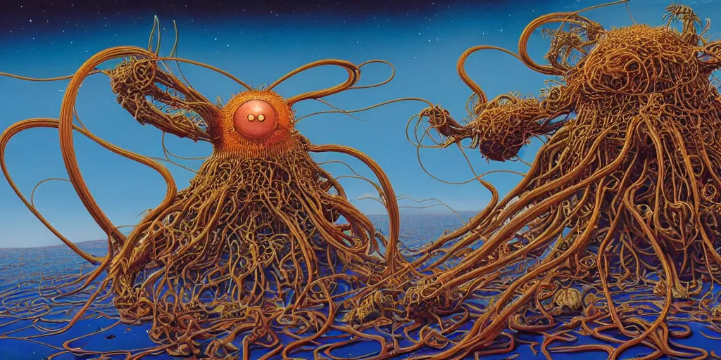 Image similar to the flying spaghetti monster with eyes on antennae flying in the space by roger dean, by masamune shirow, by wayne barlowe, futuristic, portrait, 4 k, wide eyes, hyper detailed, hyperrealism, psychedelic