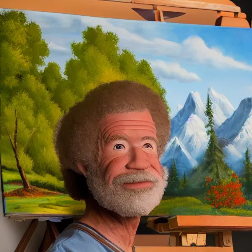 Image similar to a closeup photorealistic photograph of bob ross working on a canvas painting of elmo. film still. brightly lit scene. mountains and trees. this 4 k hd image is trending on artstation, featured on behance, well - rendered, extra crisp, features intricate detail, epic composition and the style of unreal engine.