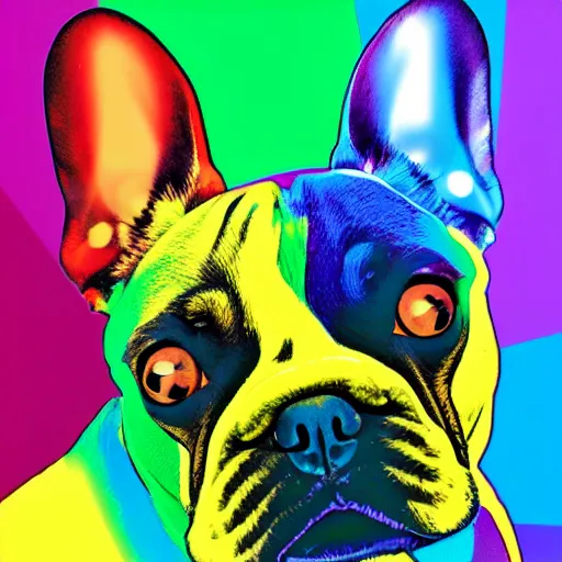 Image similar to rainbow excited smiling french bulldog. pop art.