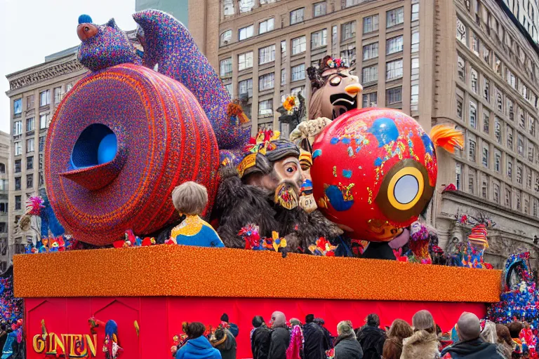 Image similar to photo of giant beautiful elaborate parade float designed by wes anderson, in the macys parade, detailed 4 k photo,