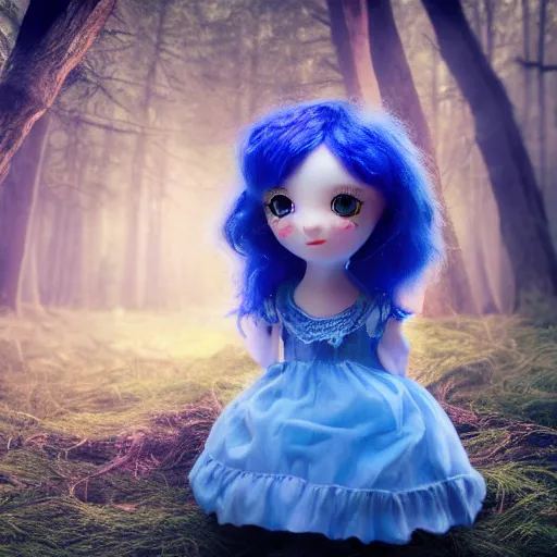 Image similar to blue snappy doll in magical forest, gifts, dark atmosphere, high detail, soft lighting, 8 k