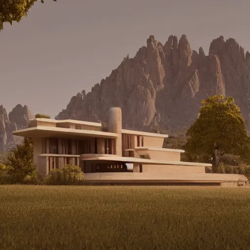 Prompt: realistic architecture created with camembert and empty bootle of wine, frank lloyd wright, french landscape, octane, redshift, 4 k,