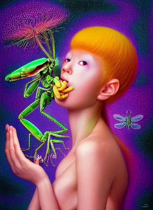 Image similar to hyper detailed 3d render like a Oil painting - kawaii portrait Aurora (gold haired Singer Praying Mantis Dragonfly) seen Eating of the Strangling network of yellowcake aerochrome and milky Fruit and Her compund eyes delicate Hands hold of gossamer polyp blossoms bring iridescent fungal flowers whose spores black the foolish stars by Jacek Yerka, Mariusz Lewandowski, Houdini algorithmic generative render, Abstract brush strokes, Masterpiece, Edward Hopper and James Gilleard, Zdzislaw Beksinski, Mark Ryden, Wolfgang Lettl, hints of Yayoi Kasuma, octane render, 8k